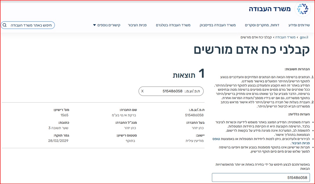 אימות רישיון NETO במאגר קבלני כוח אדם של משרד העבודה