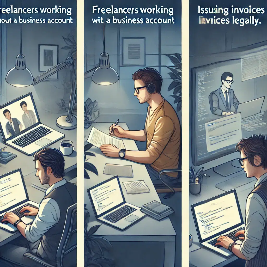 Freelance Without Opening a Business Account DALL·E 2024-10-29 21.11.28 - Three separate images tailored for freelancers needing to issue invoices by NETO.WORK without a business account, as part of a seamless, professional service. The