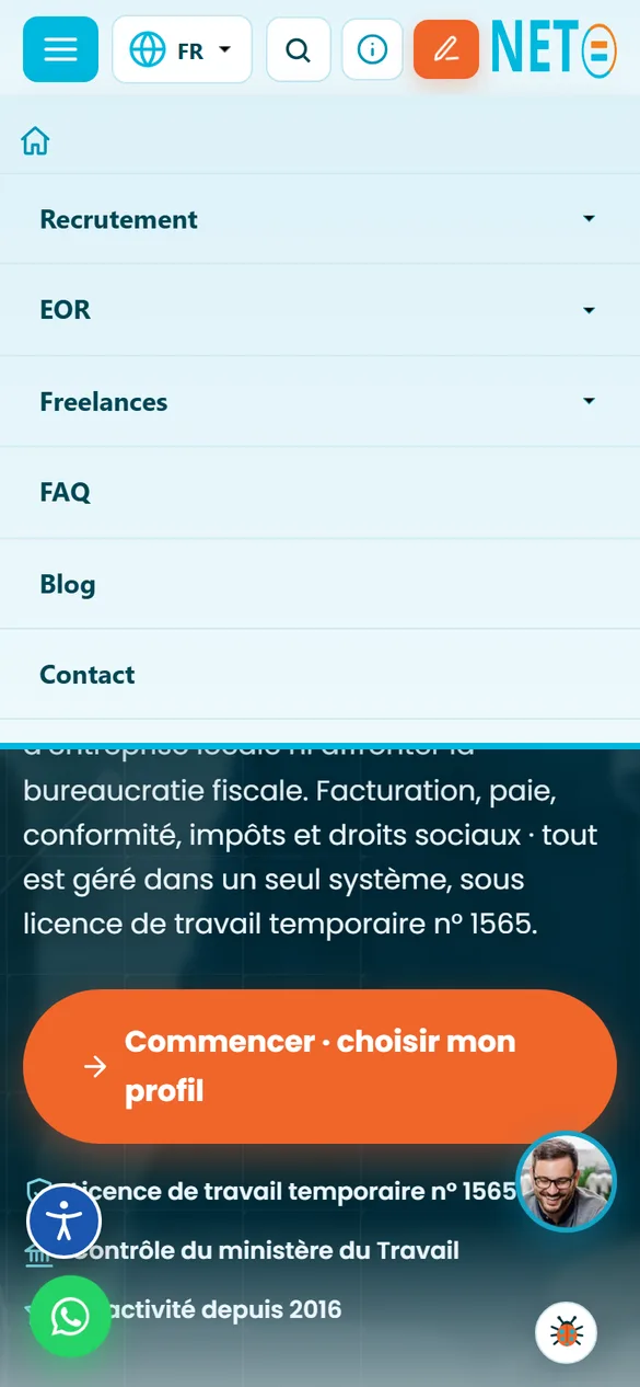 Capture d'écran du site NETO sur un téléphone · Le menu complet