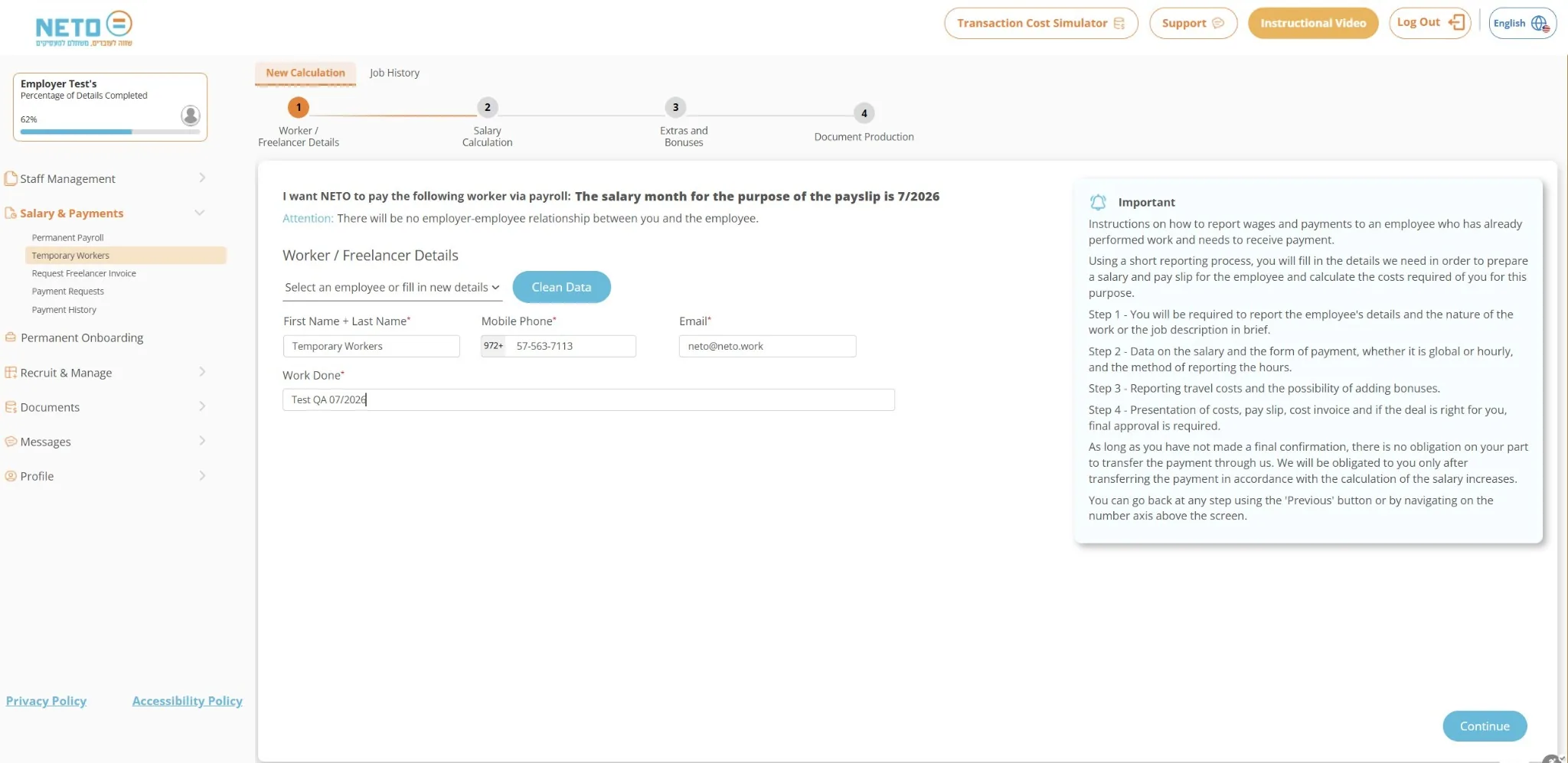 The form for entering the freelancer and job details