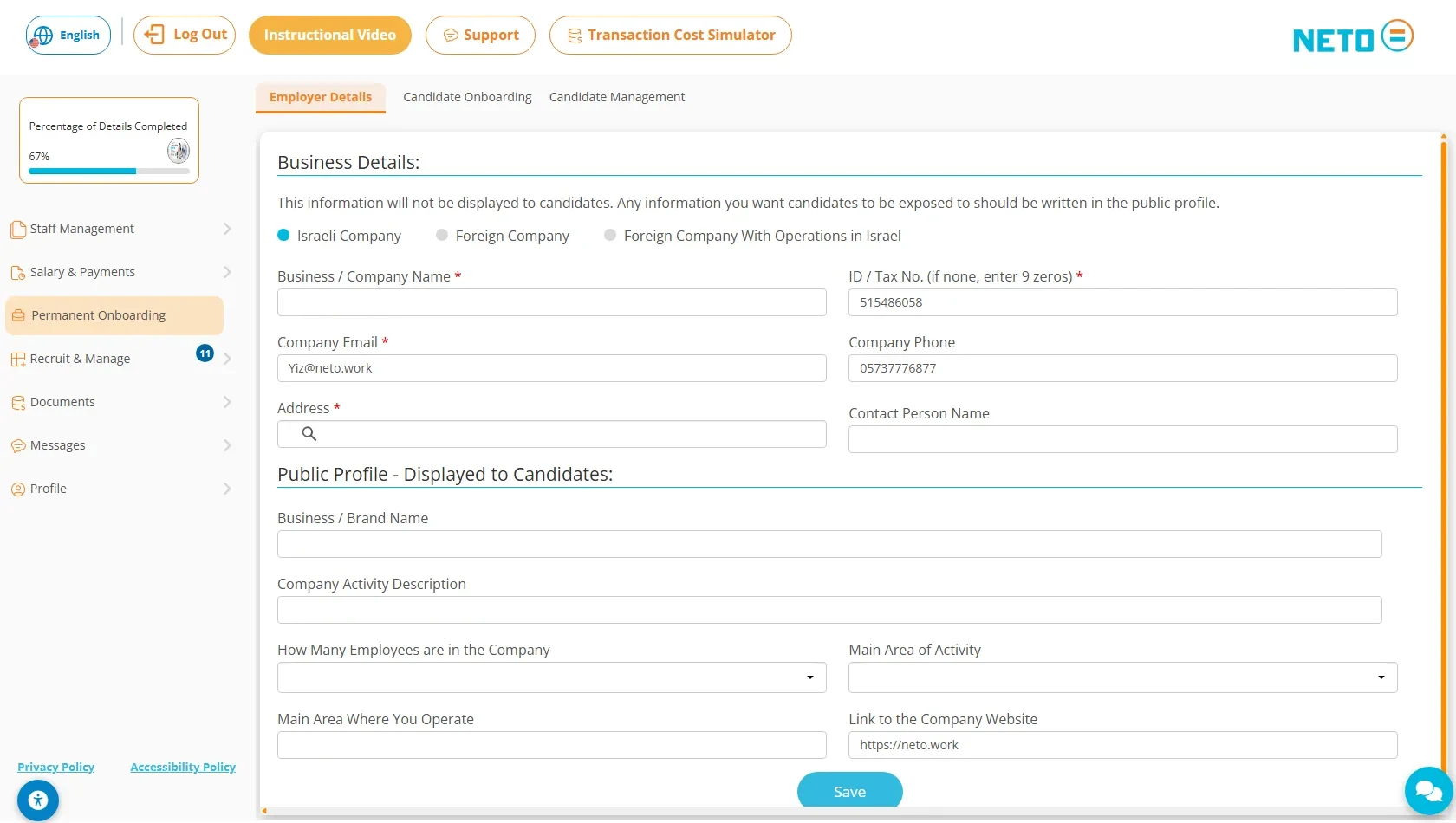 The Permanent Onboarding screen · Employer Details tab with the business details and the public profile shown to candidates