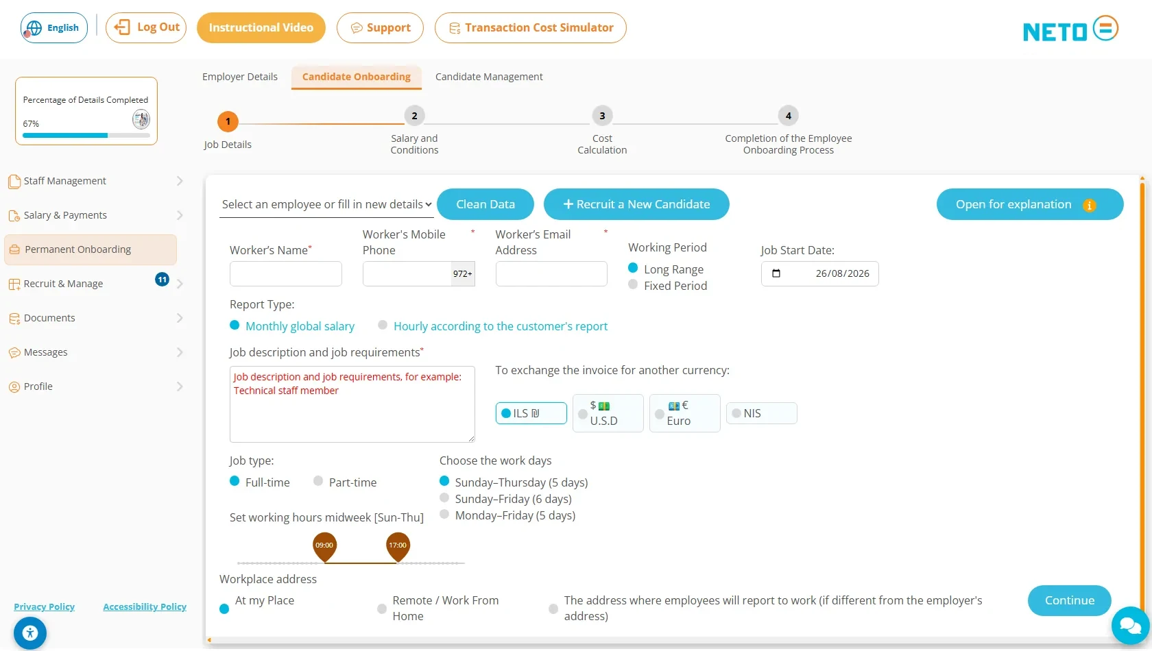 Onboarding wizard station 1 · Job Details: choose a worker or recruit a new candidate, working period, report type and workplace address