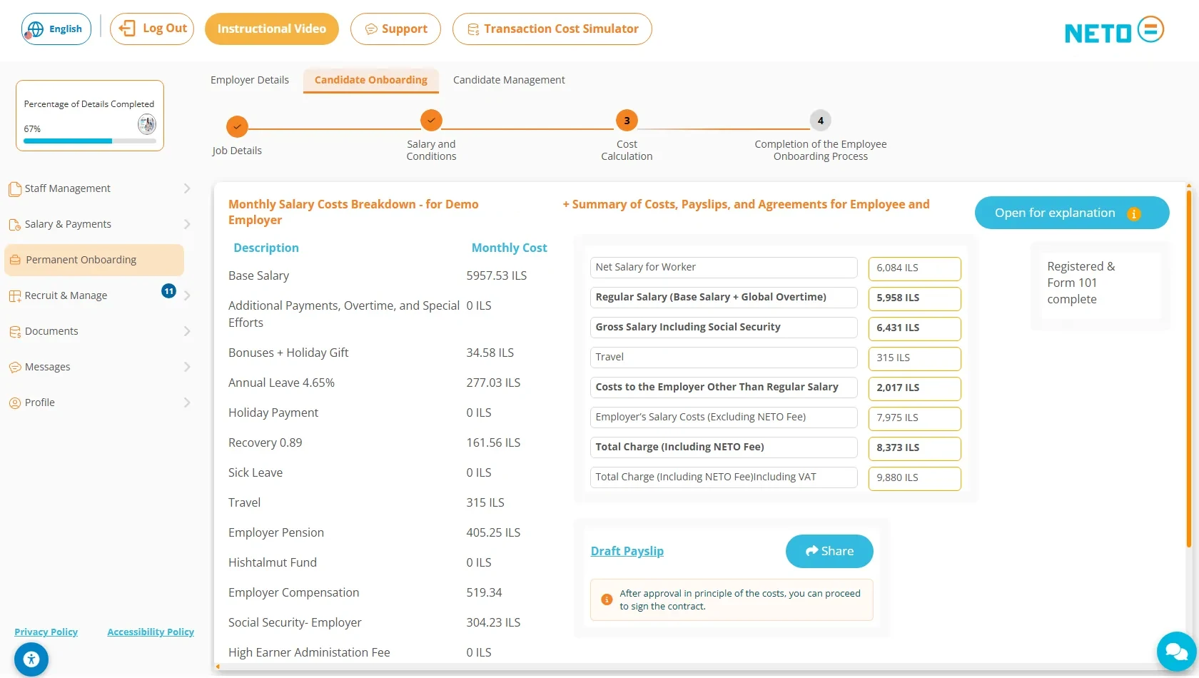 Station 3 · Cost Calculation: the full monthly cost breakdown beside the summary column, with the draft payslip and Share button