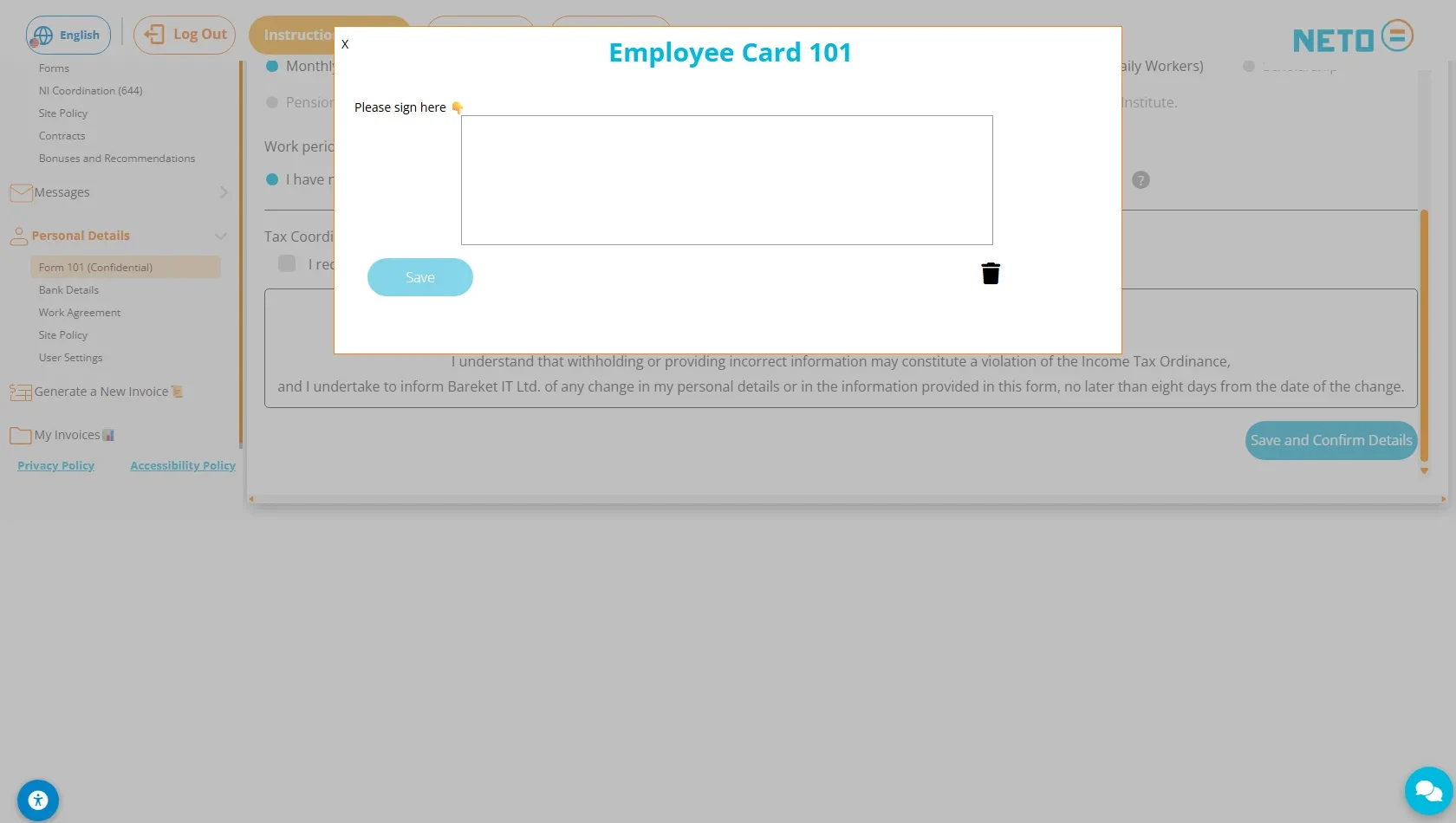 The Employee Card 101 signature dialog · 