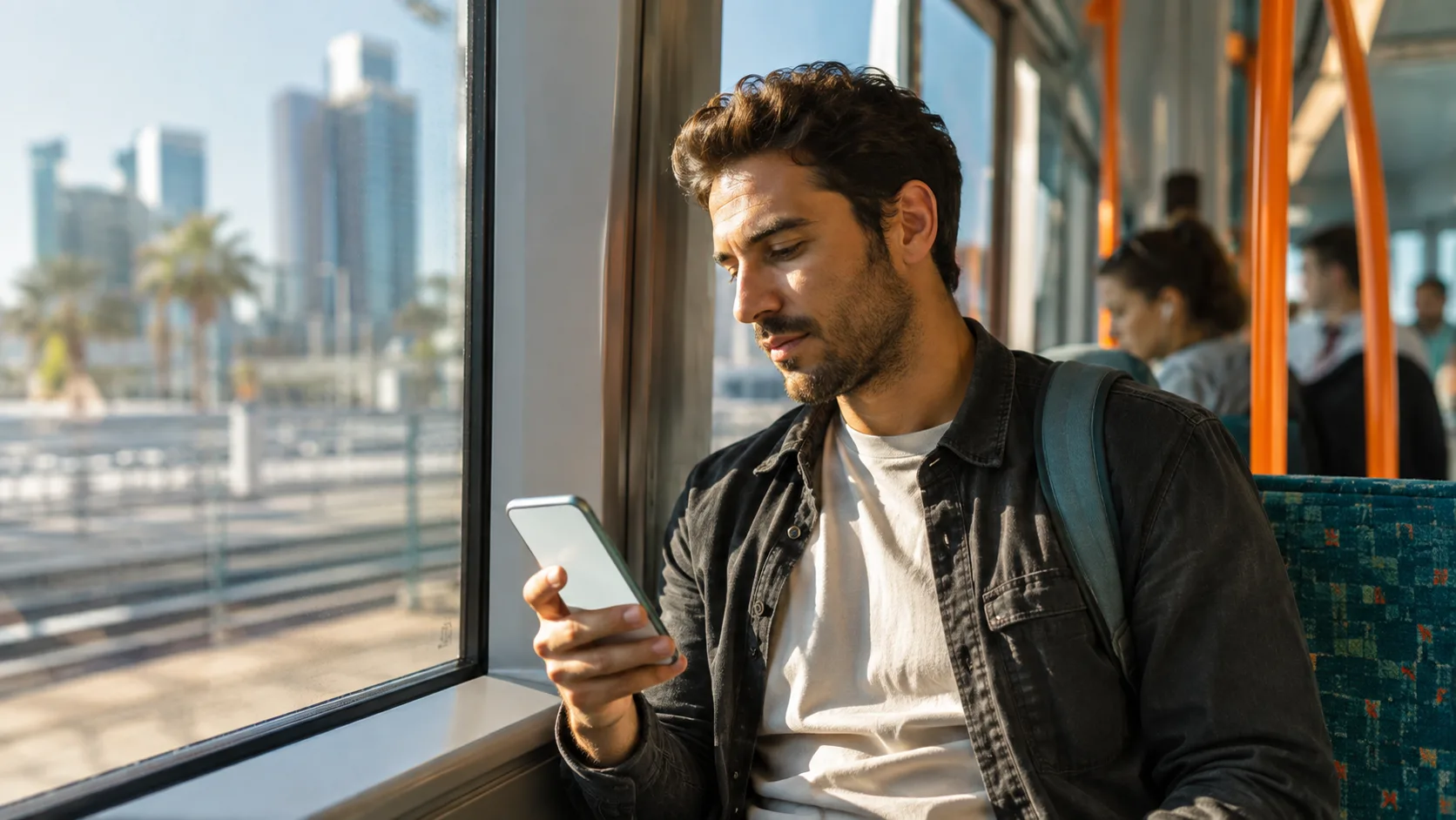 A young worker with a smartphone on a light-rail commute · NETO mobile worker guide
