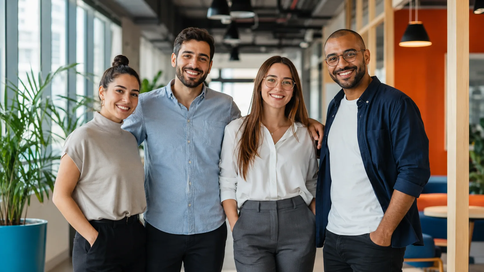 A close-knit team of employees in a modern office · permanent onboarding through NETO