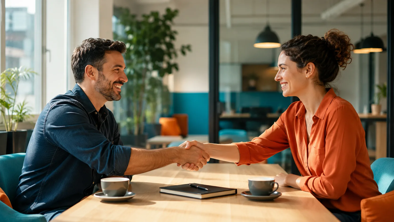 Employer and freelancer shaking hands on a deal · request an invoice through NETO