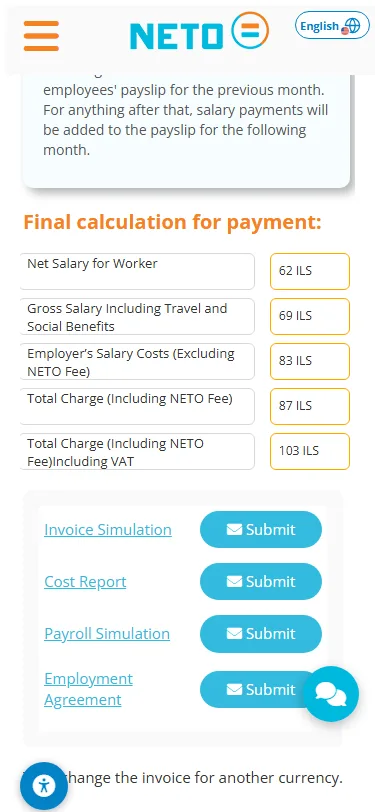 Mobile · Final calculation for payment: net salary, gross including travel and benefits, employer costs and total including VAT