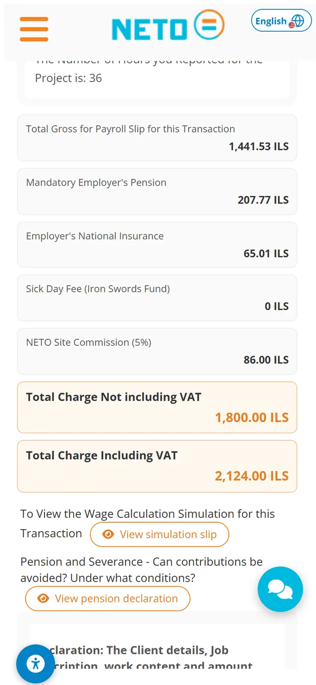 Step 4 · the payout breakdown on a phone: gross, pension, national insurance, the 5% site commission and the totals with VAT