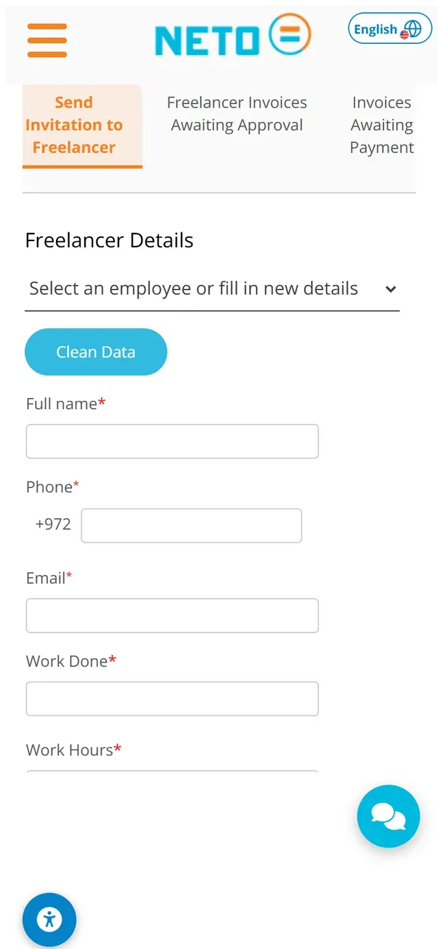 Step 4 · the Send Invitation to Freelancer form on a phone: full name, phone, email, work done and work hours