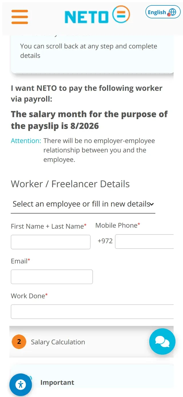 Step 3 · the worker and freelancer details form on a phone: name, phone, email and work done