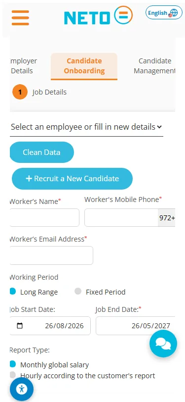 Step 7 · the mobile candidate-onboarding wizard: Job Details station with worker details, working period and report type