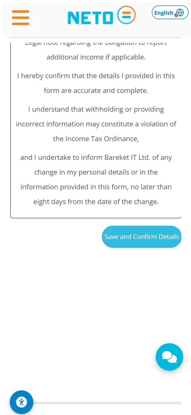 Step 4 · the end of Form 101 on a phone: the declarations and the Save and Confirm Details button
