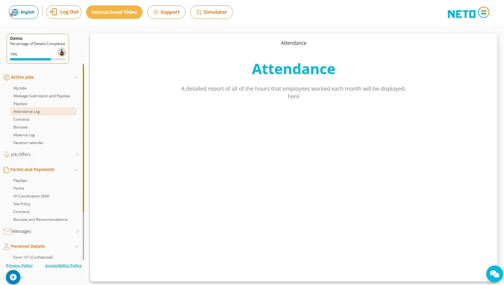 The Attendance screen (Attendance Log in the menu) · monthly hours appear here once reported