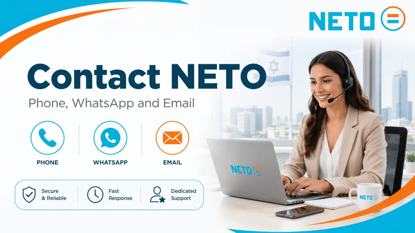 Contact NETO · phone, WhatsApp and email