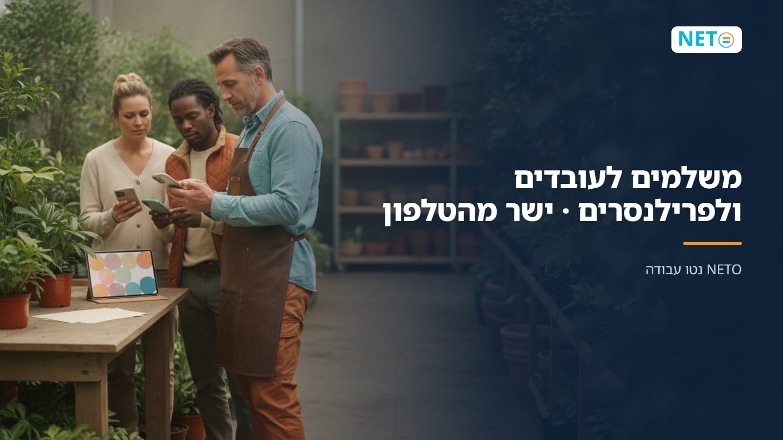 משלמים לעובדים ולפרילנסרים · ישר מהטלפון · NETO נטו עבודה