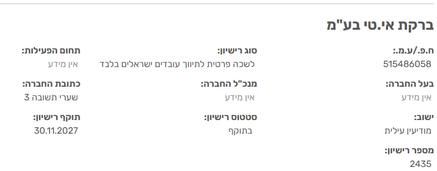 כרטיס הרשומה במאגר משרד העבודה · ברקת אי.טי בע״מ · רישיון לשכה פרטית לתיווך עובדים ישראלים בלבד מספר 2435 · סטטוס בתוקף עד 30.11.2027