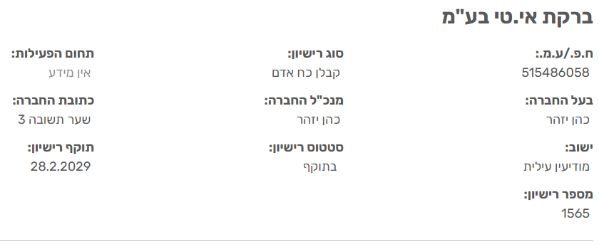 רישיון קבלן כוח אדם מספר 1565 מעודכן · בתוקף עד 28.02.2029 · ברקת אי.טי בע״מ · נטו עבודה NETO