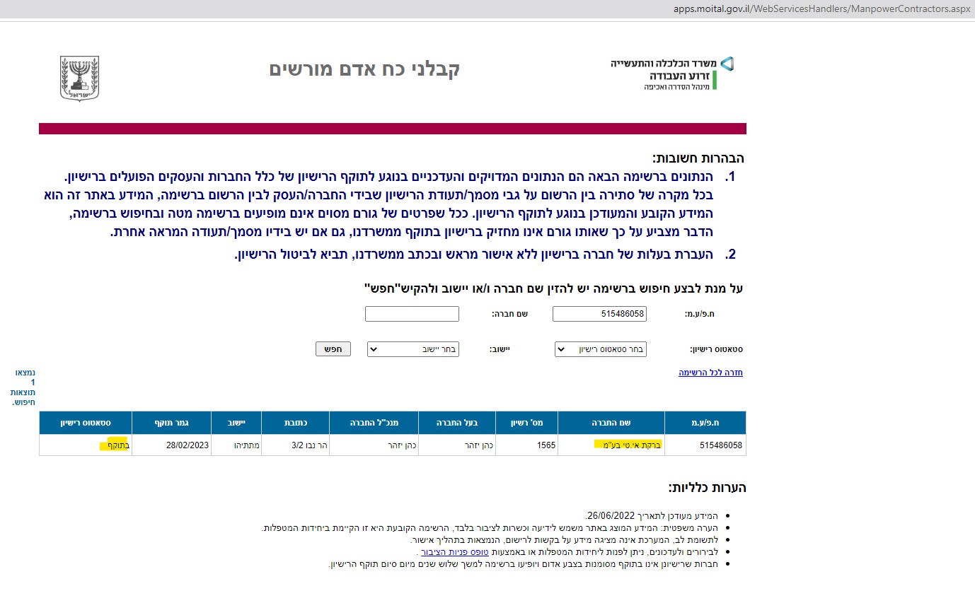 רשימת קבלני כח אדם מורשים באתר משרד הכלכלה - NETO ברקת אי.טי בעמ רישיון 1565