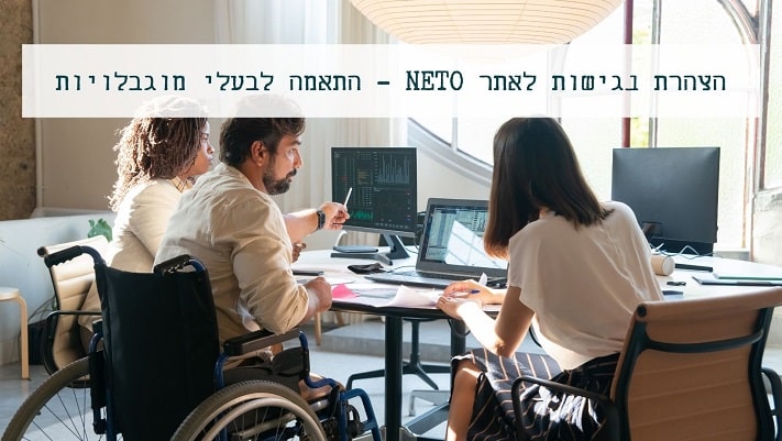 בעלי מוגבלויות עם כיסא גלגלים יושבים סביב שולחן עם מחשבים, הצהרת נגישות לאתר NETO, הנגשת אתר נטו, גם לעובדים ומעסיקים בעלי מוגבלויות