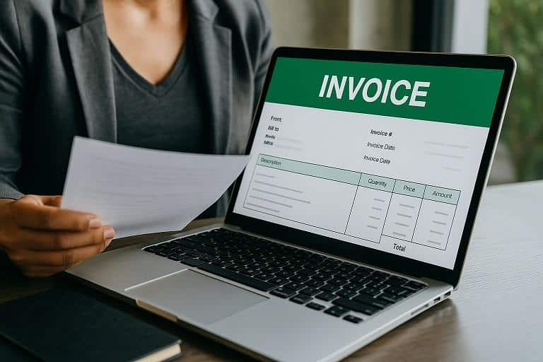 איש מקצוע יוצר חשבונית ירוקה באמצעות מחשב נייד בפלטפורמה דיגיטלית