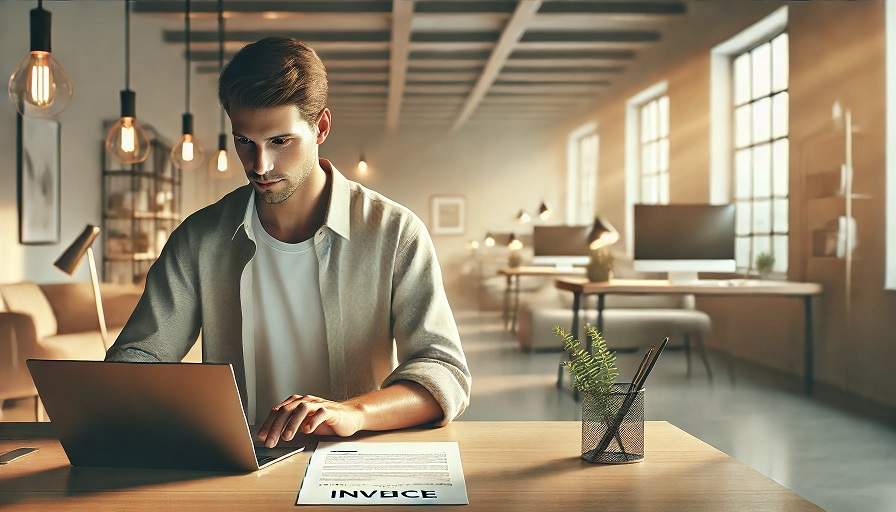 פרילנסר מוציא חשבונית בעזרת מחשב במשרד מודרני ונקי NETO