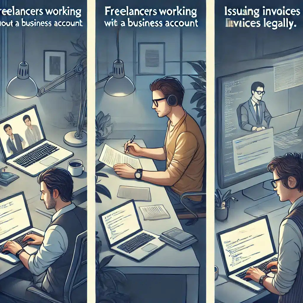 Freelance Without Opening a Business Account DALL·E 2024-10-29 21.11.28 - Three separate images tailored for freelancers needing to issue invoices by NETO.WORK without a business account, as part of a seamless, professional service. The