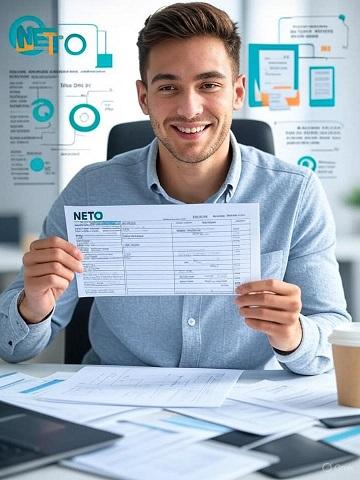 הוצאת חשבונית לשכיר פרילנסר ישראלי מחייך, יושב במשרד מודרני, מחזיק תלוש שכר עם לוגו NETO בצבעי תכלת וכתוםבמשרד מודרני פרילנסר ישראלי מחייך, יושב במשרד מודרני, מחזיק תלוש שכר עם לוגו NETO בצבעי תכלת וכתום