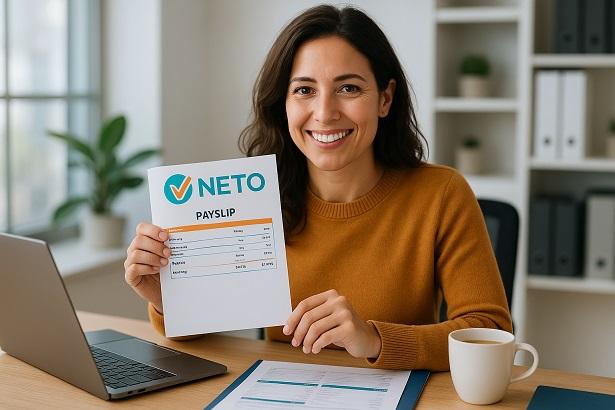 הוצאת חשבונית לשכיר האם זה אפשרי בלי לפתוח תיק עוסק זה חוקי וכיצד? עובדת חייכנית יושבת במשרד ומציגה תלוש משכורת עם לוגו NETO