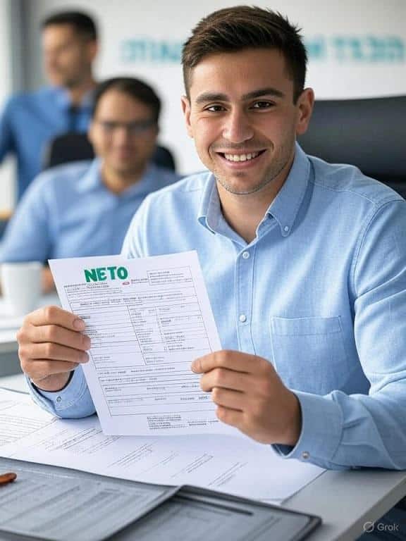 להוציא חשבונית לשכיר פרילנסר יושב במשרד עם חברים, מחזיק תלוש שכר עם לוגו NETO בצבעי תכלת