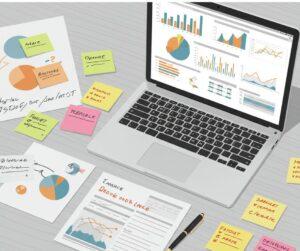 האם חייב להפריש לפנסיה לעובד? מחשב נייד על שולחן עם גרפים ופתקים