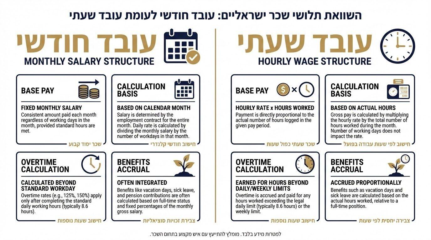 השוואה בין תלוש שכר של עובד חודשי לעובד שעתי