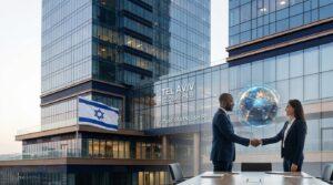 חשבונית לחול - איש עושה עסקים ליד בניין משרדים ודגל ישראל