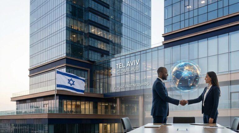 חשבונית לחול - איש עושה עסקים ליד בניין משרדים ודגל ישראל